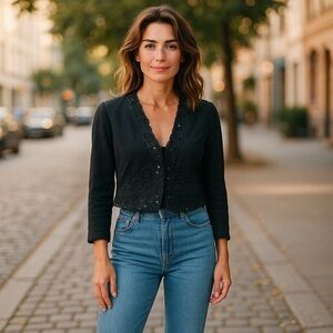 Vintage R&M Richards by Karen Kwong Black Beaded Long Sleeve Evening Jacket